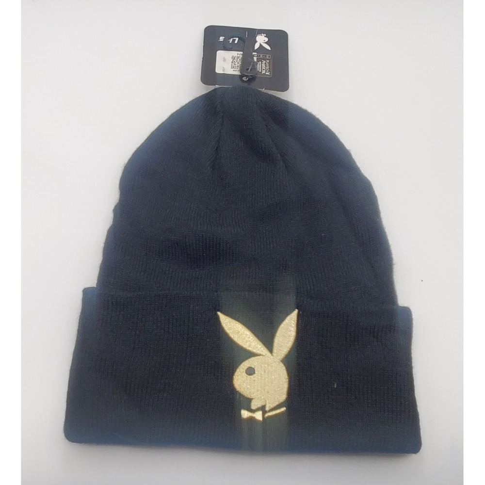 Playboy Black Knit Beanie Hat Bunny Logo Lids NWT